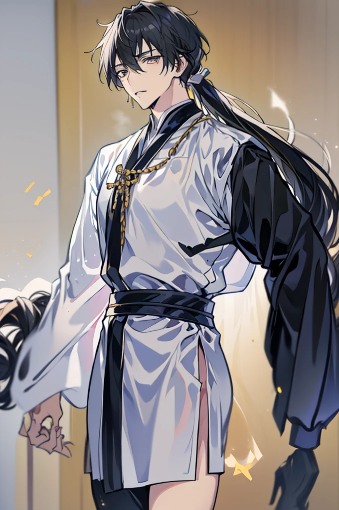 male anime character, anime rudo 8k, artwork, long black hair, tied in a pigtail, black eyes, wearing a white tunic with silver details, Handsome guy, androgynous prince, long tunic, portrait, lips, male focus