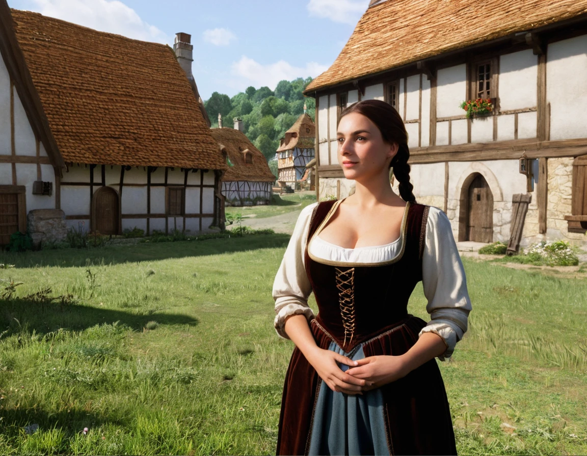 Medieval village, village houses in foreground, manor in background, villager in foreground, young woman, huge breasts, simple clothes