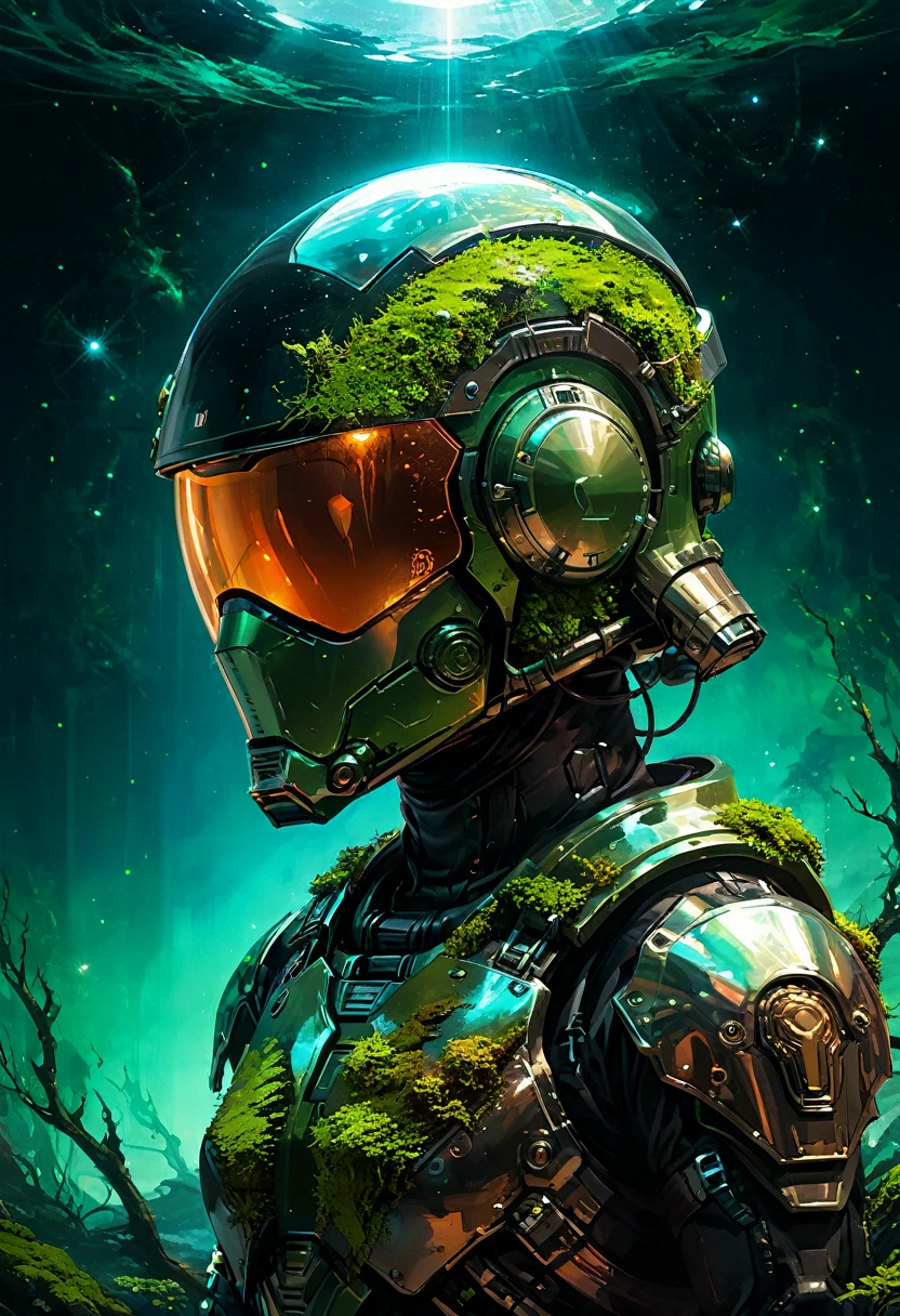 Space Art Galactic Landscape, Concept Art, vector, high quality, Check the details, Unreal Engine, Octane Rendering, Ultra high quality, Ultra-high resolution, Surrealism, Painting , Close-up of a painting by Conrad Rosett , Helmet reflection、cyber punk, (Glass Transparent Helmet ),Bioluminescence,Fluorescent helmet, The robot is old and rusted, with moss growing on its bronze armor., night, Moonlight Shadow, Dramatic lighting , グラデーションポップSurrealism , Break Details,(darkness:1.3),(Highly Detailed Shadows:1.3),Absolute Shadow,absolute darkness,Body silhouette,
