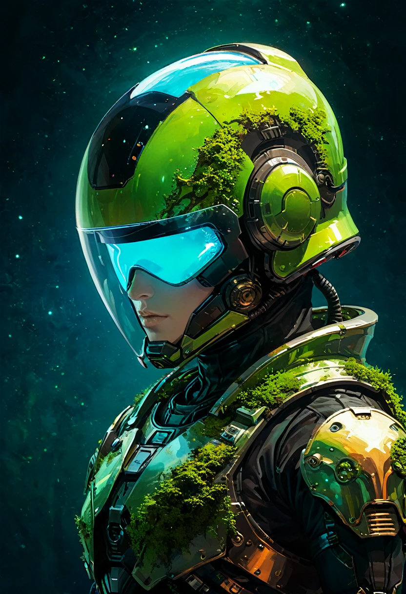 Space Art Galactic Landscape, Concept Art, vector, high quality, Check the details, Unreal Engine, Octane Rendering, Ultra high quality, Ultra-high resolution, Surrealism, Painting , Close-up of a painting by Conrad Rosett , Helmet reflection、cyber punk, (Glass Transparent Helmet ),Bioluminescence,Fluorescent helmet, The robot is old and rusted, with moss growing on its bronze armor., night, Moonlight Shadow, Dramatic lighting , グラデーションポップSurrealism , Break Details,(darkness:1.3),(Highly Detailed Shadows:1.3),Absolute Shadow,absolute darkness,Body silhouette,