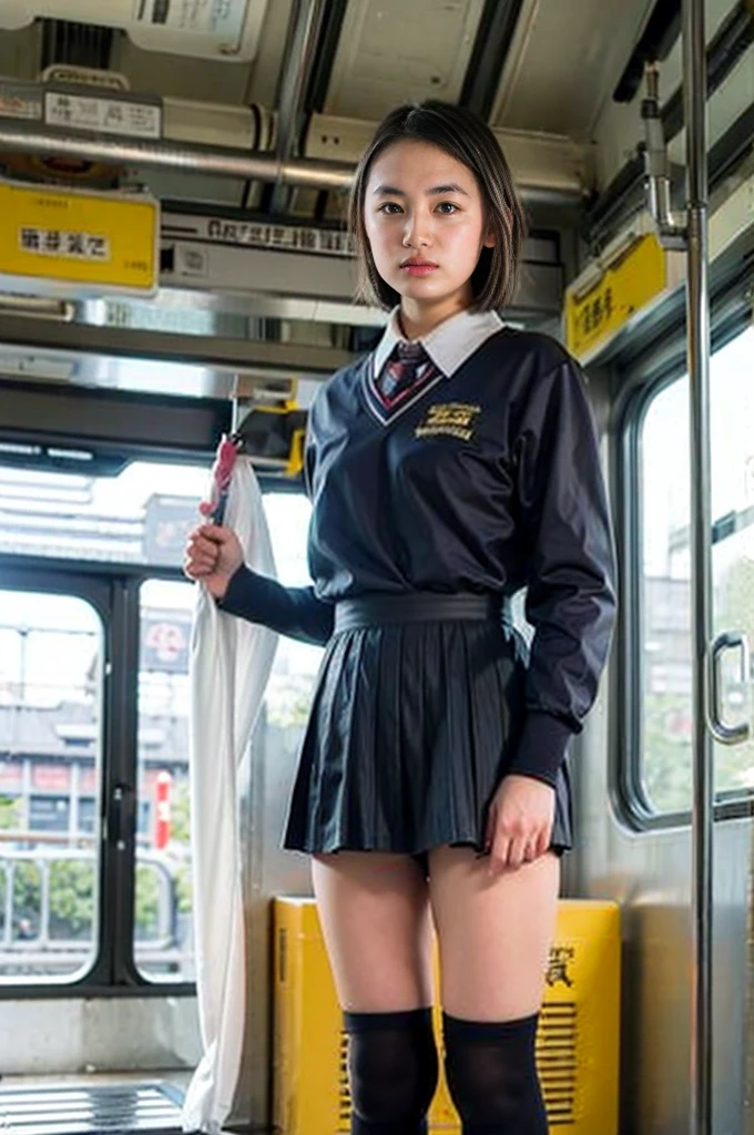 (8K、RAW Photos、Highest quality、masterpiece:1.2)、(Realistic、Photorealistic)、1 Girl,(A high school girl lifts her skirt to show off her underwear on the train:1.6)、(Cute face:1.3)、Japanese 1 Girl,(Japanese High School Girls)、(1 real high school girl)、(Japanese High School Uniform:1.6),Small breasts,Perfect Skin,Detail Skin,(pretty girl,short hair,Squeezing pussy:1.7)