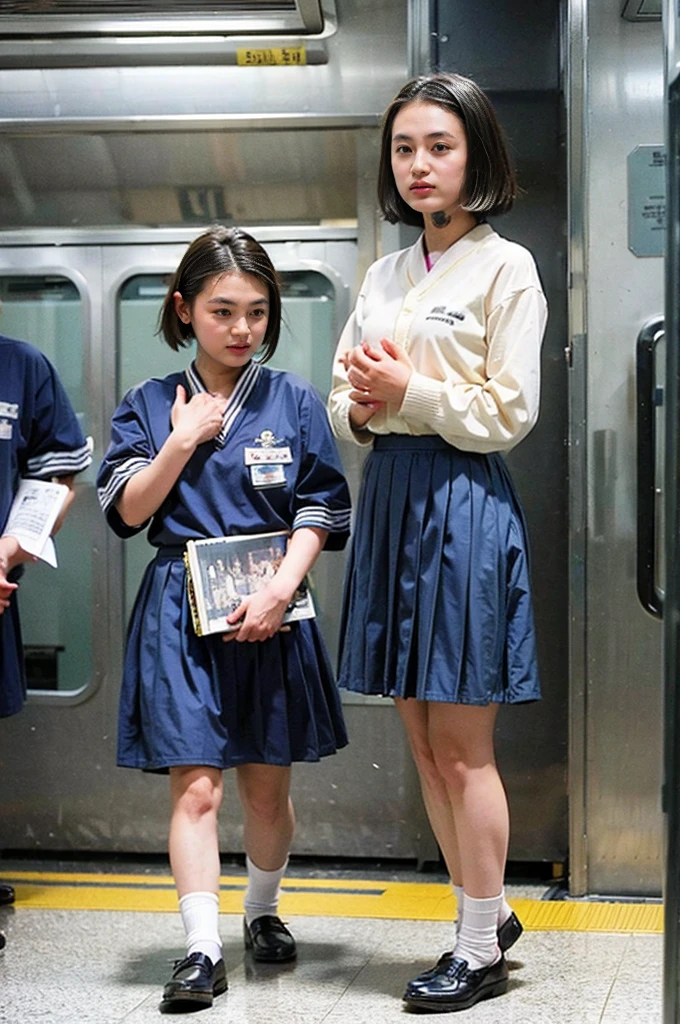 (8K、RAW Photos、Highest quality、masterpiece:1.2)、(Realistic、Photorealistic)、1 Girl,(A high school girl lifts her skirt to show off her underwear on the train:1.6)、(Cute face:1.3)、Japanese 1 Girl,(Japanese High School Girls)、(1 real high school girl)、(Japanese High School Uniform:1.6),Small breasts,Perfect Skin,Detail Skin,(pretty girl,short hair,Squeezing pussy:1.7)