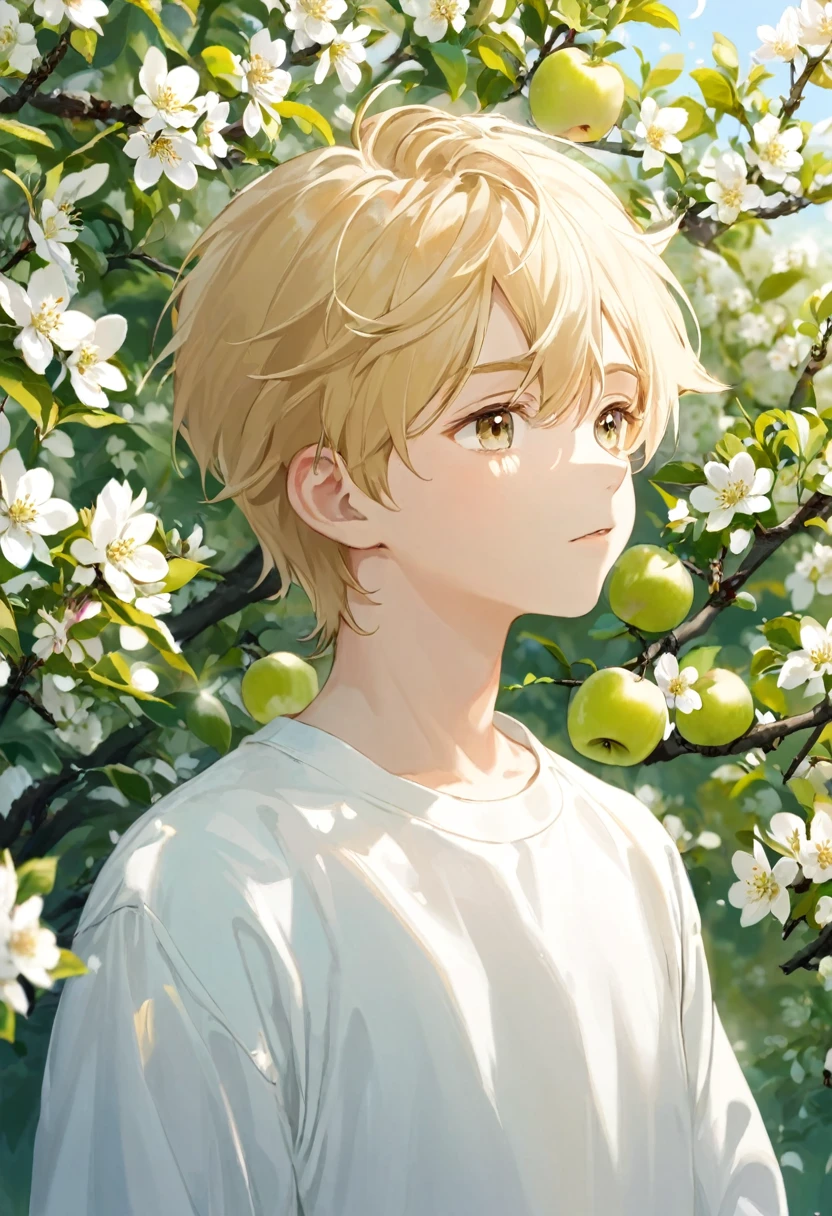 A Russian boy with blond hair in a white long-sleeved shirt stands near a blooming apple tree and looks up