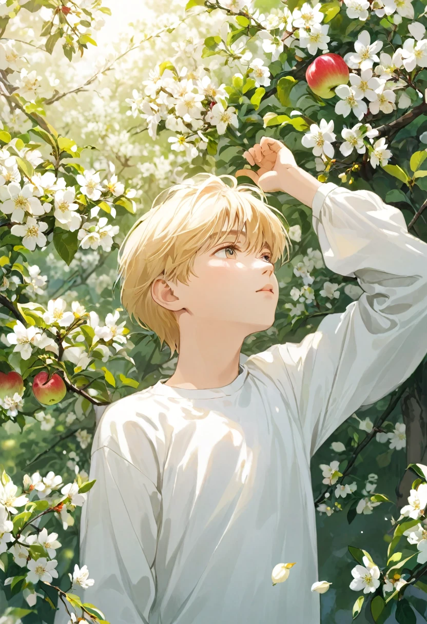 A Russian boy with blond hair in a white long-sleeved shirt stands near a blooming apple tree and looks up