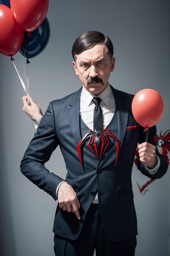 Adolf Hitler standing, dressed up as spider man, Demonic Face, holding party balloons with Spiderman's face in one hand and a batch of whey in the other.