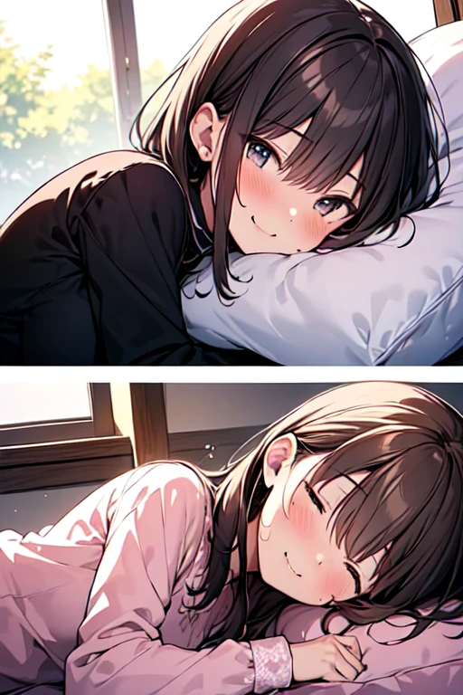 Highest quality, masterpiece, Ultra-high resolution, 8K,Show anime style , Soft Line Art, Digital Enhancement, shojo anime touch, shojo manga core, Flowing fabric, close, Soft Drawing, Ultra-Definition Digital Anime Art, Clear facial depiction, Super detailed girl cartoon character art, Ultra-detailed manga style, Highest qualityの色, １People Women,(A woman with short brown hair), Wet Hair,Beautiful brown hair, Clear brown eyes, Slightly chubby,Small breasts,pajamas,((She is sleeping in bed with the covers on.)),I sleep in the same bed and watch her,Peaceful sleeping face,She wakes up,I call out good morning,((She lay face down in her sleep, her cheek on the pillow, turned her face towards me and smiled fondly.)),Little devil&#39;s smile,(Focus on face)
