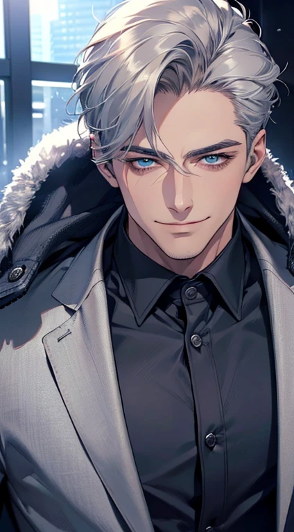 (best quality, masterpiece, 8K, photorealistic, cinematic lighting, 1:4 hdr image, ultra detailed, beautiful image), a mature man, 25 years very handsome, ((cold expression smile in love)), short grey hair, blue eyes, face perfect without mistakes, ((buttoning his jacket, CEO)), smile.