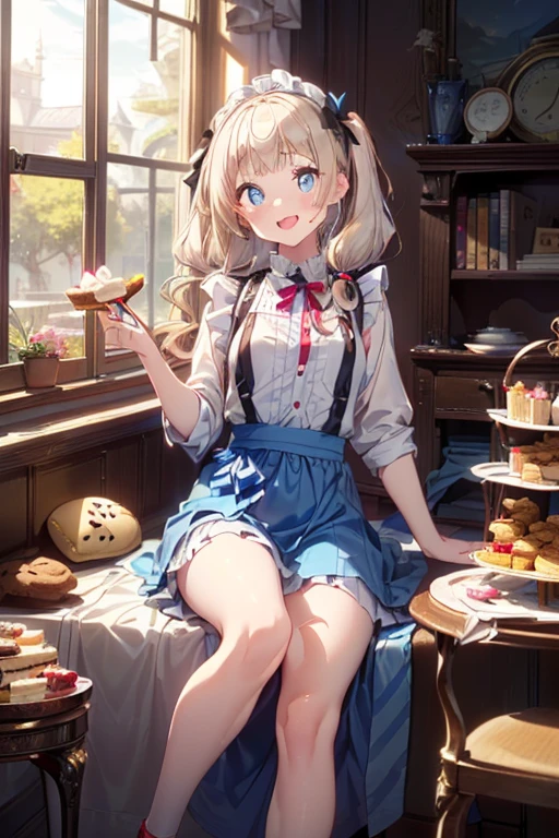 (perky chest:1.2), (pointed chest:1.2),(((Black Tunic:1.3))),(((cakes and bread in the basket),Cute and beautiful girl,Cute round face,Cute smile,with blush cheeks,Red Lip,a girl ************, nsfw:1.2, beautiful body:1.3), shinny skin, BREAK, ((alice in the wonderland:1.3, cute, kawaii, lovely, funny, a girl falling down from sky:1.3, girl flying in sky:1.4, girl floating in air:1.5, rolling upskirt by wind:1.6, (with sparkling eyes and a contagious smile),open mouth, Looking at Viewer, surprised, putting hands on crotch over the skirts:1.5)), BREAK, ((floating things as follows:1.3, PlayingCards, Trump, tea cup, tea pot, tea spoons, pocket watch:1.3, lip sticks, candies:1.2, cookies, jam bottles, classical door_keys)), ((long purply_Blue dress :1.5, wearing long flaired skirt:1.3, the skirt is blowing:1.3, cute pink Apron, black stockingedium long platinum-blonde hair:1.2, twin tail hair:1.6, tied hair with a large ribbon), (Blue eyes, bright pupils with highlights, detailed eyes), (lying down on your back:0.7, spreading legs with rising up straight:0.7), sexy posture, fantastic colorful art, (fantasy art:1.2, wondered images), ((correct anatomy:1.5, perfect anatomy:1.3, correct hand, small foot:1.2)),
