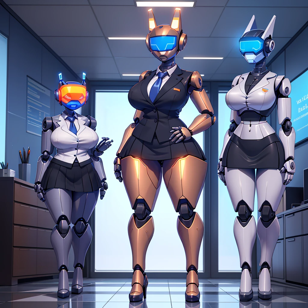 (masterpiece) (high Res), (((robot))), (Perfect face), (perfect anatomy), robot woman with a robotic head, in super tight clothes, (office suit), (mini skirt), shirt, tie, happy, ((glowing visor)), huge breast, narrow waist, wide hips, thick thighs, Brown skin, metal body, black high heels, ((((non humane robot Head)))), (robot girl), (robot Head))))