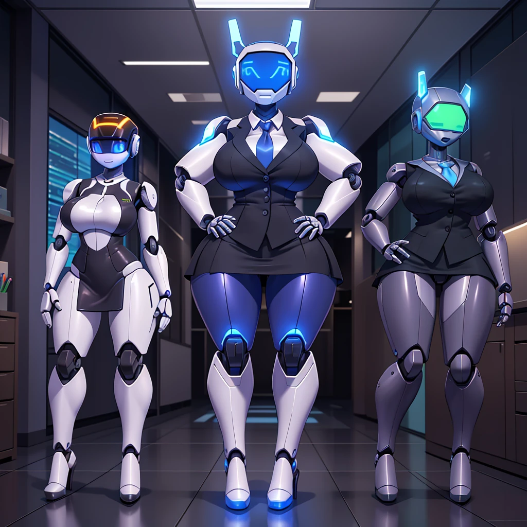 (masterpiece) (high Res), (((robot))), (Perfect face), (perfect anatomy), robot woman with a robotic head, in super tight clothes, (office suit), (mini skirt), shirt, tie, happy, ((glowing visor)), huge breast, narrow waist, wide hips, thick thighs, Brown skin, metal body, black high heels, ((((non humane robot Head)))), (robot girl), (robot Head))))