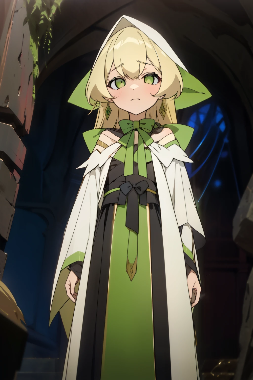 dark lighting, Deep in the cave,(Masterpiece),Best Quality,intriciate detail,, The ultra-detailliert,Delicate facial expressions, delicate eye expression,1boy(the wizard), 1girl,teles, Small breasts, (Masterpiece), Best Quality, Earrings, jewellery, Blonde hair, Long hair, Green Ribbon, Green Eyes(empty eyes),closed mouth, bow, Solo ,wearing edgCultist_hood(hood over head,nude),, The face is obscured by the hood so it's hard to see.,, next to the altar, Standing,her body and mind were conquered by the wizard. ,,She stands quietly next to the wizard