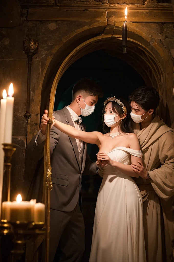 Candles are lit、Vast catacombs、There are three characters、A masked man and a young nobleman are fighting、A woman in a white dress is trying to stop the fight。