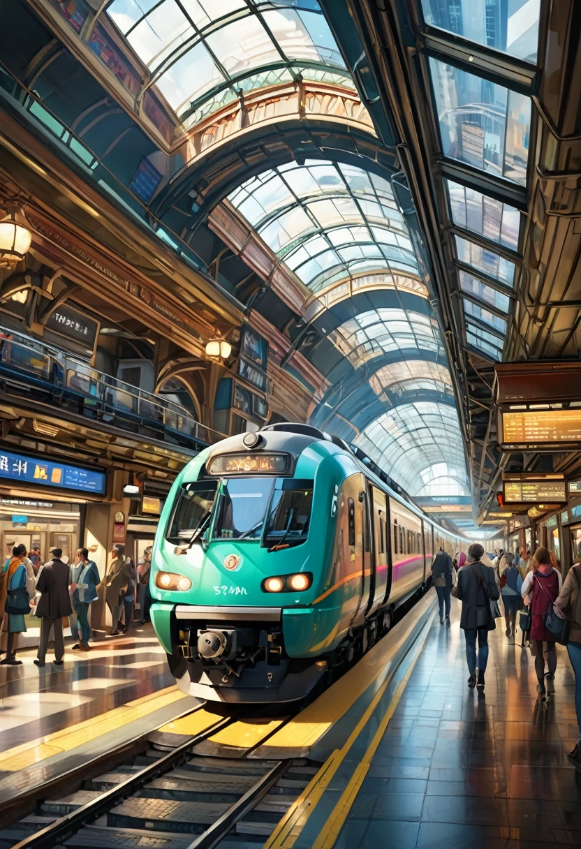 Busy station with glass ceiling and crowded platform (Highest quality, skyscraper: 1.2) Full of people and luggage, (Vibrant, Vibrant colors) Full of colorful signs and advertisements, (Natural light) Flowing through the window, (Realistic, Realistic: 1.37) Showcasing architectural details and floor reflections, (Wide-angle) Capture the grandeur of the station, (Steam flows) From the departing train, (Digital Information Board) View train schedules and platforms, (line) Curved and crossed, (An architectural wonder) A fusion of beauty and functionality.