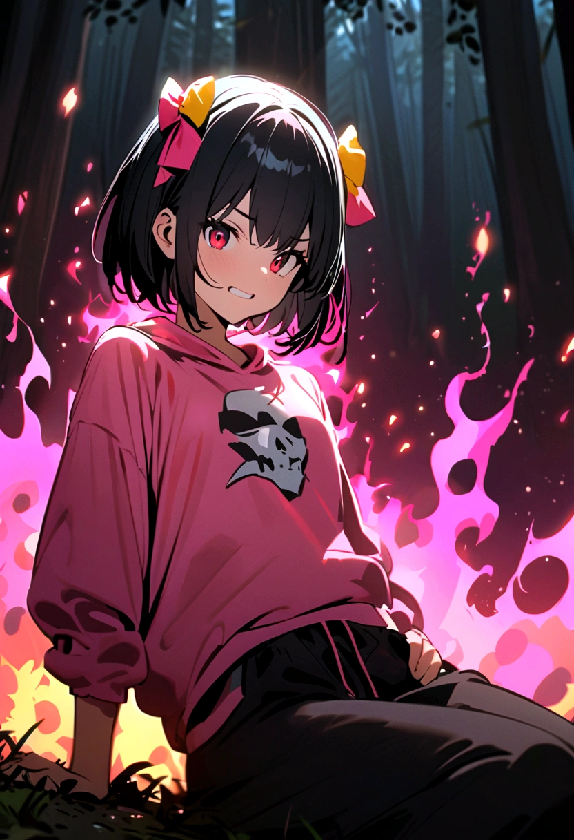 an anime girl with red eyes, long black hair with pink strands with small hair bow with small blue and yellow cubes decoration on the bow, on the right side of the head. She wears a pink sweatshirt that is too big for her and small black sweatpants.. A pink aura emanated from his body that manifested as flames and in a violent manner.. With his clothes torn and with several open wounds, He grits his teeth as he puts his right hand on his hip., resting your knee on the forest floor