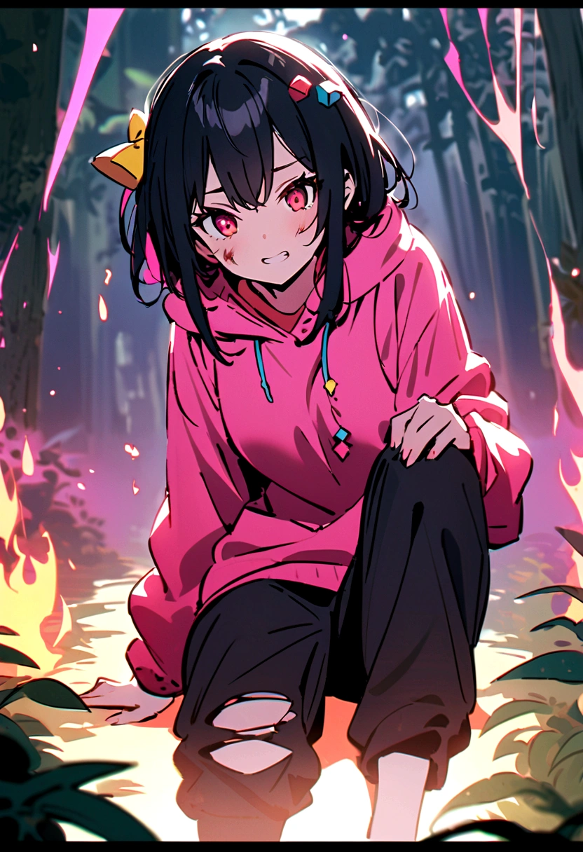 an anime girl with red eyes, long black hair with pink strands with small hair bow with small blue and yellow cubes decoration on the bow, on the right side of the head. She wears a pink sweatshirt that is too big for her and small black sweatpants.. A pink aura emanated from his body that manifested as flames and in a violent manner.. With his clothes torn and with several open wounds, He grits his teeth as he puts his right hand on his hip., resting your knee on the forest floor  