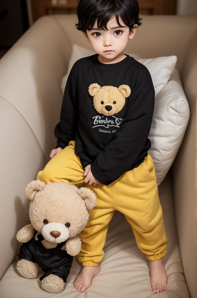 Boy, yellow eyes, black hair, 3 , wearing a teddy bear shirt and pants set, a boy, baby, shoair and cute, messy 