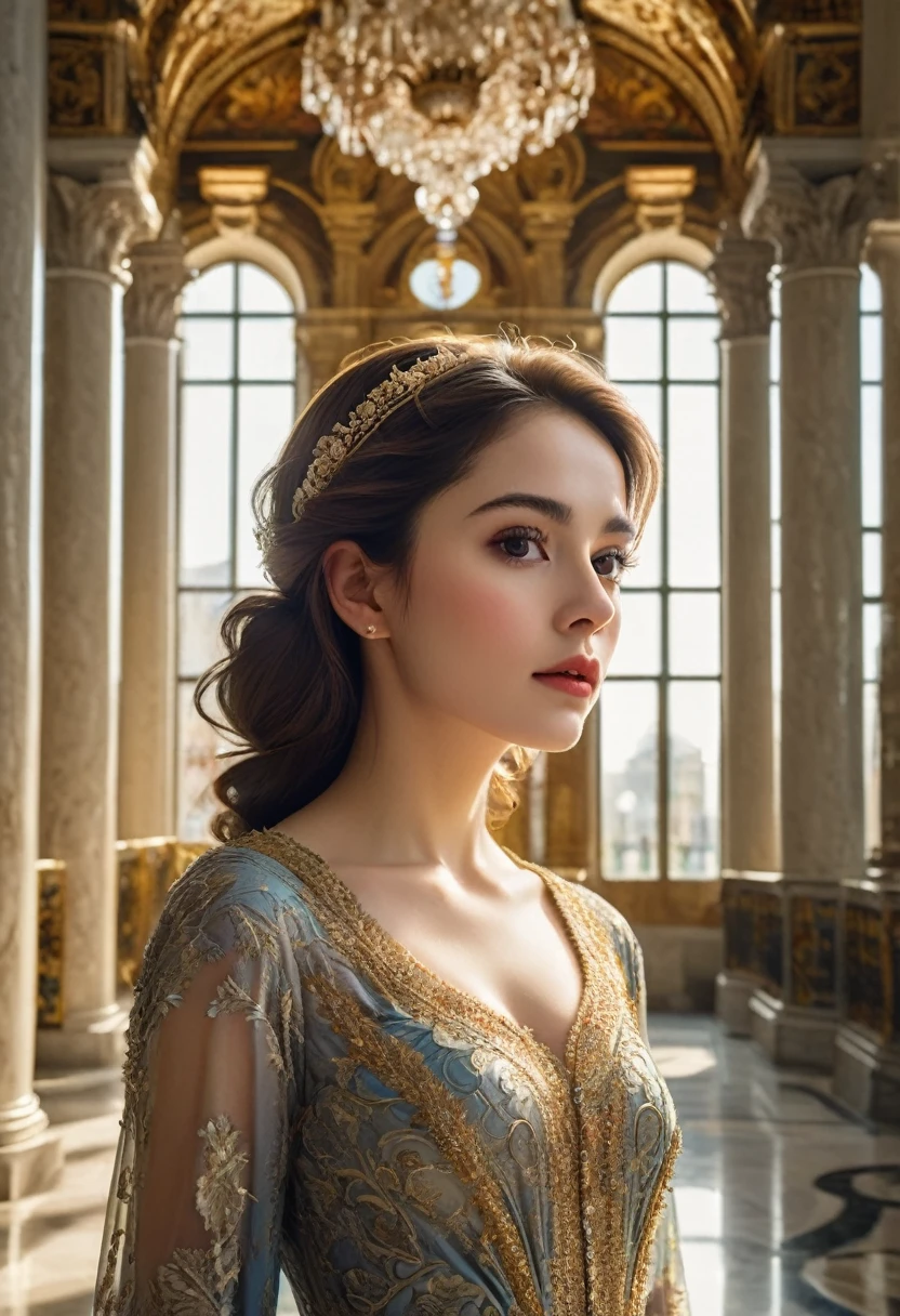 a beautiful young woman in a royal palace, detailed face and eyes, long eyelashes, wearing an elegant baroque dress with intricate patterns, standing in a grand hall with marble columns, sunlight streaming through stained glass windows, ornate chandeliers, gold accents, rich colors, photorealistic, 8k, highly detailed, dramatic lighting, cinematic composition, elegant, regal, renaissance