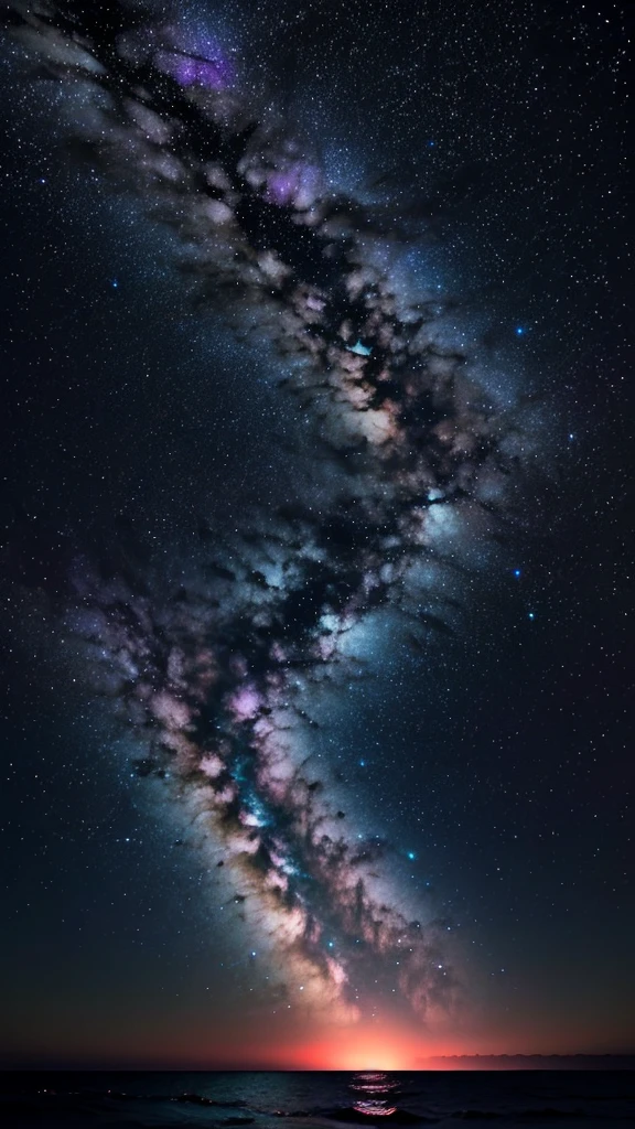 Bioluminescent stars shining in the sky, Pink half moon, Tukoi Sky, Soft cotton cloud, Turkish ocean waves, Shiny, Purple Water, Milky Way, Complementary lighting