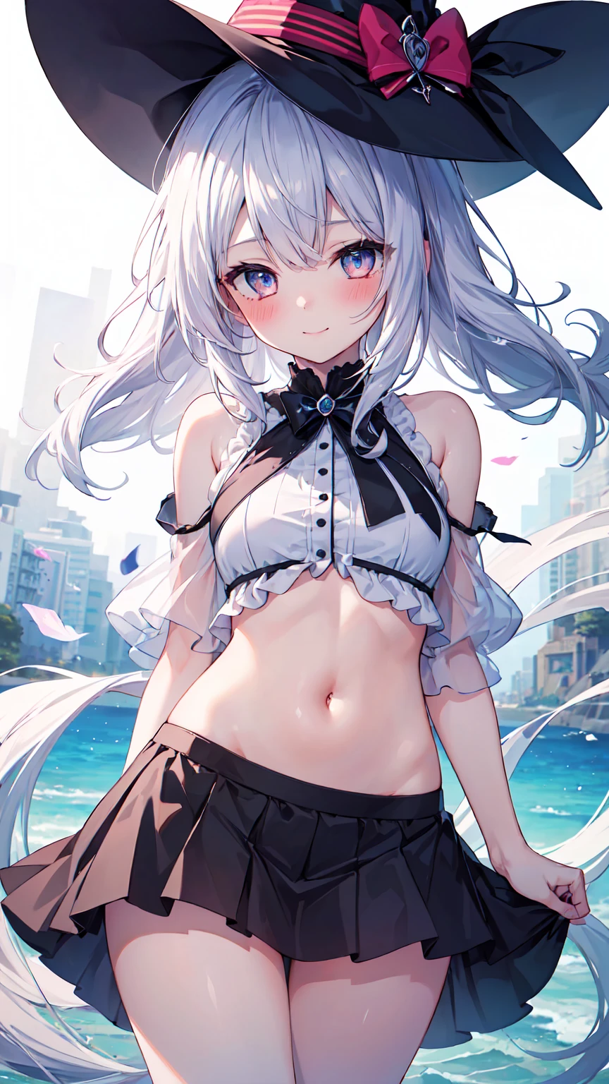 ((Highest quality, 8K, masterpiece: 1.3)), ((One girl:1.5)), The beauty of slim abs: 1.3, Casual Hairstyles, Super detailed face, Delicate eyes, double eyelid, smile, Highest quality, 4K, 8K, High resolution, masterpiece:1.2, Very detailed, Actual, Vibrant colors, Beautiful Eyes, 繊細なsmile, Blushed, Textured skin, masterpiece, High resolution, Highest quality, Blushed, Blushing ,lure,Show off your figure,Witch girl,The wind blows up my skirt,Adult Panties,Low rise,NSFW,
