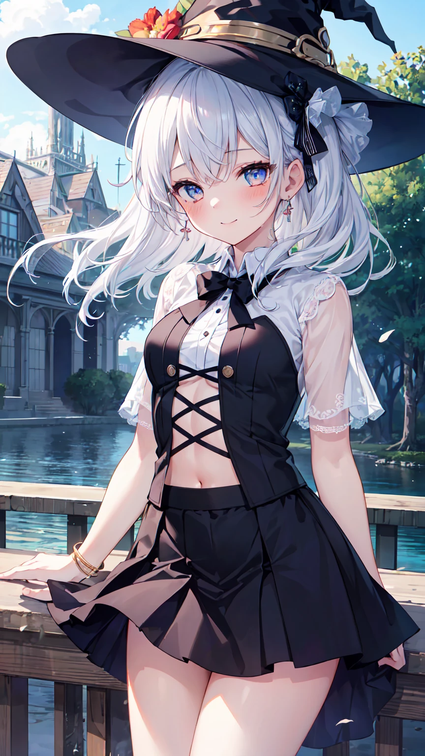 ((Highest quality, 8K, masterpiece: 1.3)), ((One girl:1.5)), The beauty of slim abs: 1.3, Casual Hairstyles, Super detailed face, Delicate eyes, double eyelid, smile, Highest quality, 4K, 8K, High resolution, masterpiece:1.2, Very detailed, Actual, Vibrant colors, Beautiful Eyes, 繊細なsmile, Blushed, Textured skin, masterpiece, High resolution, Highest quality, Blushed, Blushing ,lure,Show off your figure,Witch girl,The wind blows up my skirt,Adult Panties,Low rise,NSFW,