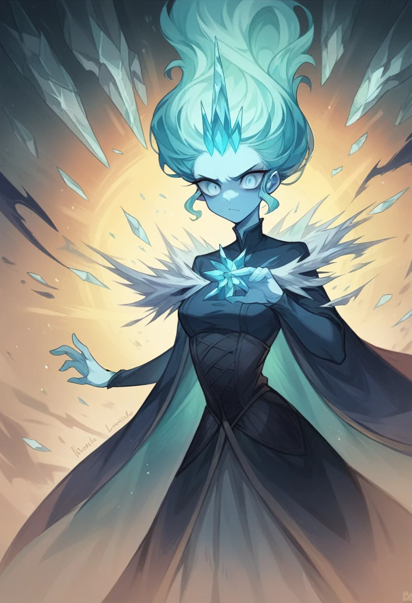 A Frost Elemental appears as a towering figure composed entirely of shimmering ice and frost, with a translucent, almost ghostly body that reflects and refracts light in a dazzling array of colors. Its form is constantly shifting, with icy shards and snowflakes swirling around its core. The elemental's eyes glow with an eerie blue light, and its movements are accompanied by the creaking and cracking sounds of ice expanding and contracting. It radiates an intense cold, causing the air around it to shimmer and frost to form on nearby surfaces.