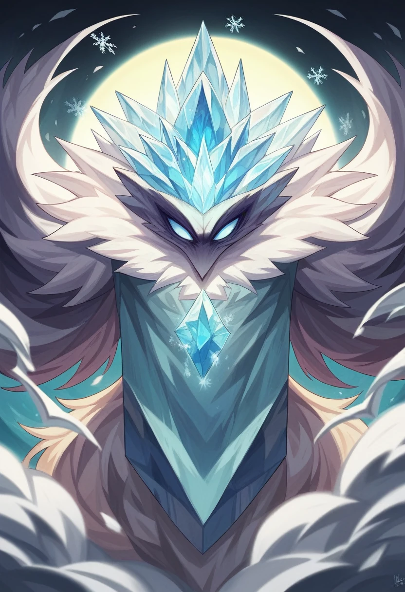 A Frost Elemental appears as a towering figure composed entirely of shimmering ice and frost, with a translucent, almost ghostly body that reflects and refracts light in a dazzling array of colors. Its form is constantly shifting, with icy shards and snowflakes swirling around its core. The elemental's eyes glow with an eerie blue light, and its movements are accompanied by the creaking and cracking sounds of ice expanding and contracting. It radiates an intense cold, causing the air around it to shimmer and frost to form on nearby surfaces.