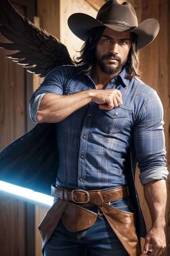 "(better quality, ultra-detailed,

realistic:1.37), Character from Thrones

Daegan(1), handsome, dark skin, dark

tan, naked with a beautiful large and

thick penis, he has perfect angel wings,

symmetrical wings, blue eyes, short

beard, medium-long haircut, casual

clothing, country shirt, long plaid shirt,

overcoat, manly posture, attractive,

vibrant colors, cowboy hat, men's

clothing from Alabama, fighting punch

pose, epic wallpaper."