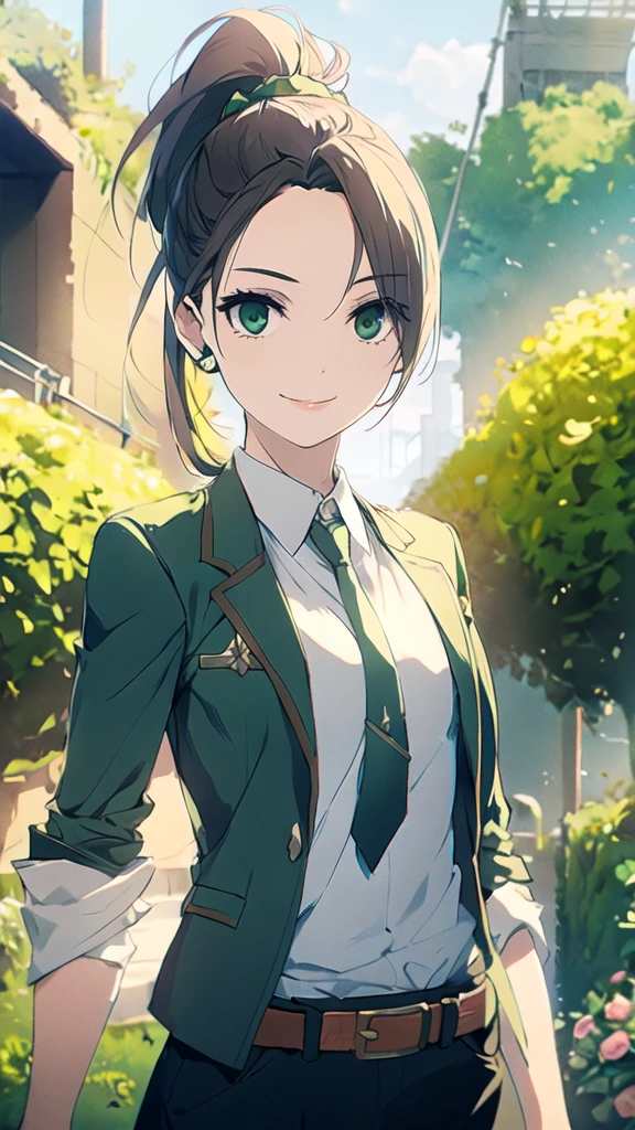 a  woman with green eyes, a brown ponytail, pale skin, wearing a punk jacket, a white shirt, a green tie, with open shoulders and sleeves, a light smile, flowers, serene, restrained, (concept art)