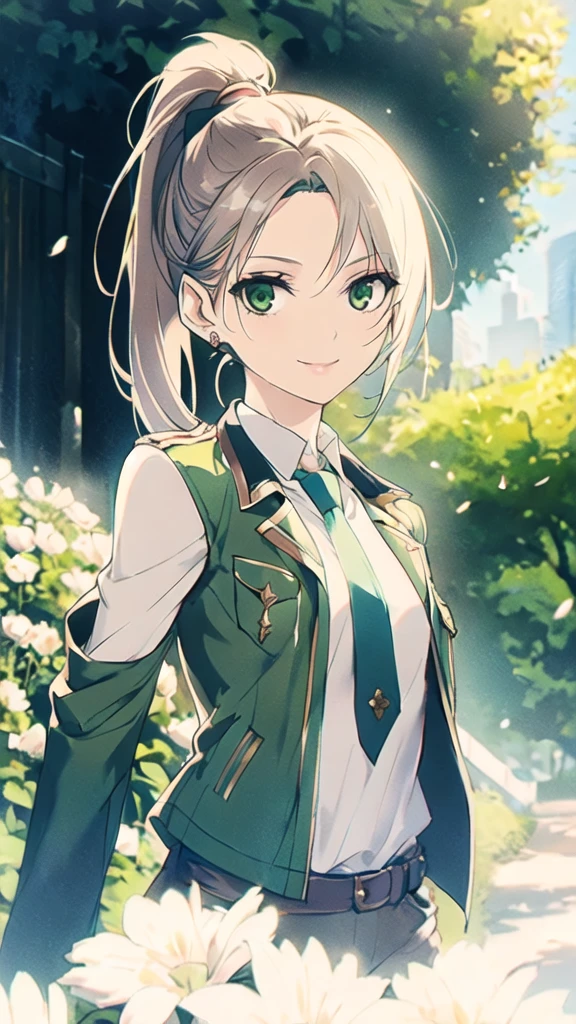 a small woman with green eyes, a brown ponytail, pale skin, wearing a punk jacket, a white shirt, a green tie, with open shoulders and sleeves, a light smile, flowers, serene, restrained, (concept art)