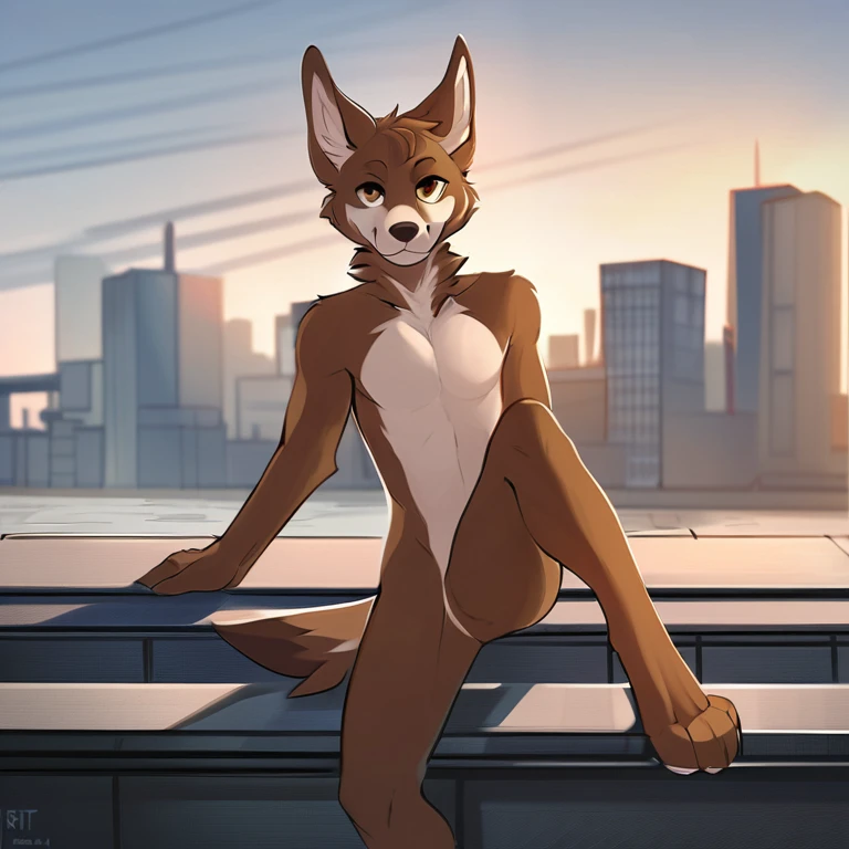 Solo, male, furry art, fursona, ((canine)), (((brown primary fur))), white secondary, (perky ears), cool pose, city background, amazing art, masterfully executed, beautiful background, normal body, paws.