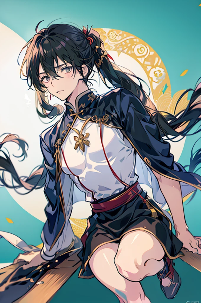 male anime character, anime rudo 8k, artwork in the style of guweiz, long black hair, tied in a pigtail, black eyes, wearing a white tunic with silver details, cute boy, androgynous prince, long tunic, chinese portrait, lips, male focus