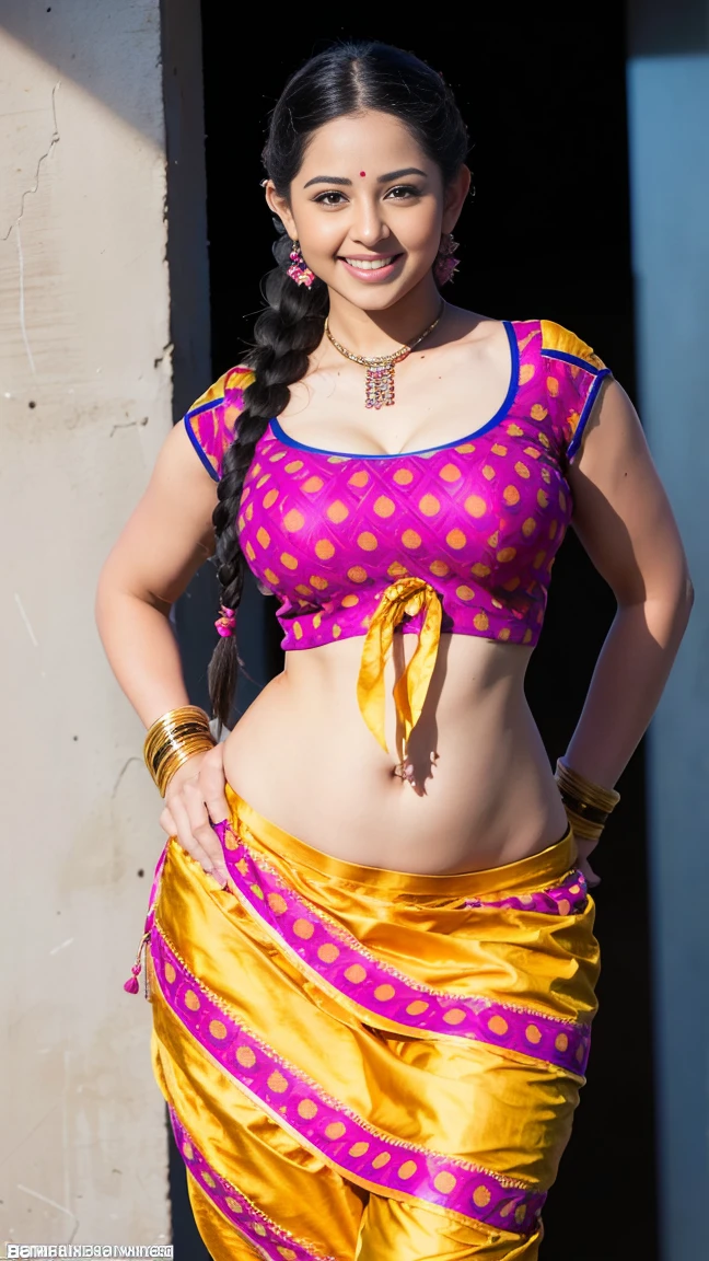 HD wallpaper 32k cinematic shoot of a Beautiful cute girl, with thick thighs and a curvy waist, twin braids, wearing an Indian blouse top, horny, seductively, in a school corridor, dotted blouse top, smiling, ((long curvy waist)), ((lowwaist)), ((curvy waist))