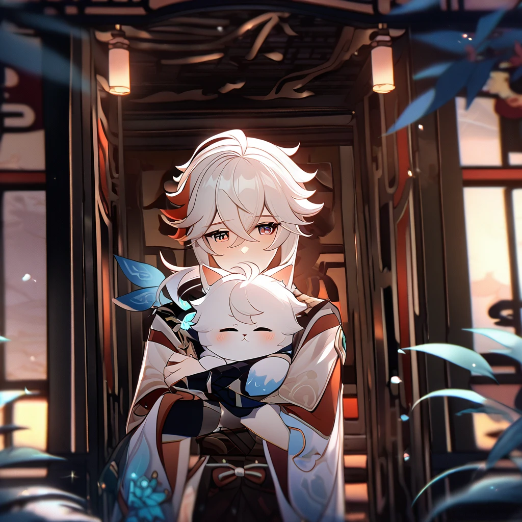 Kazuha (Genshin Impacto) Boyfriend Chinese Dragon Boy White Hair Sapphire Eyes, hugging, romantic, fluffly, ultra quality, 8K.