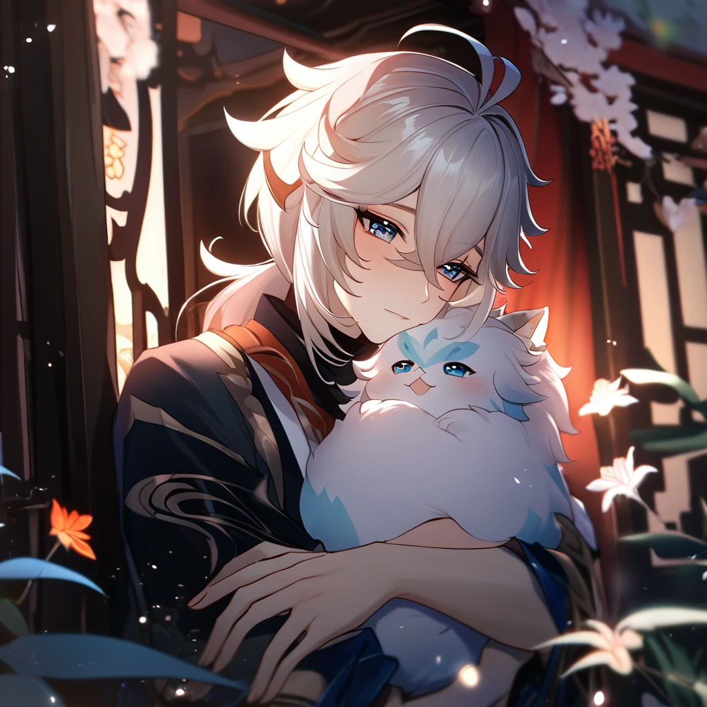 Kazuha (Genshin Impacto) Boyfriend Chinese Dragon Boy White Hair Sapphire Eyes, hugging, romantic, fluffly, ultra quality, 8K.
