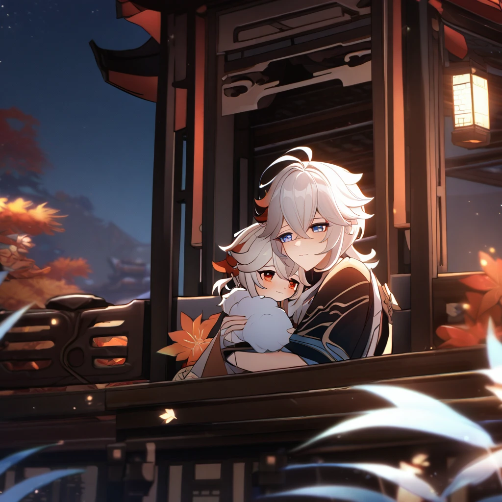 Kazuha (Genshin Impacto) Boyfriend Chinese Dragon Boy White Hair Sapphire Eyes, hugging, romantic, fluffly, ultra quality, 8K.