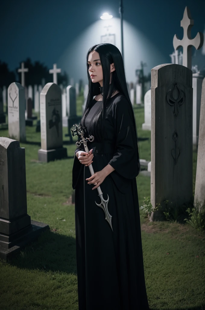 A white woman with long black hair and a long black dress in front of the cemetery at night with a trident in her hand