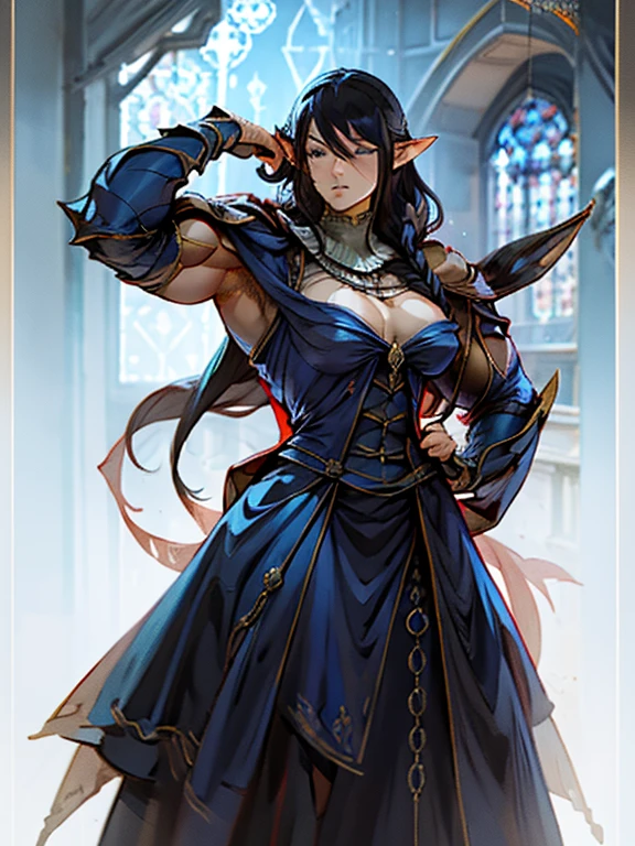 stunningly sensual elfess, large well-trained muscles, very impressive hypermuscular physique, magical and mysterious, bulging feminine proportions, perfect and flawless muscular sensual body, vascular massive biceps, deep black hair, pale chaik white skin, female elf wizard in fantasy setting