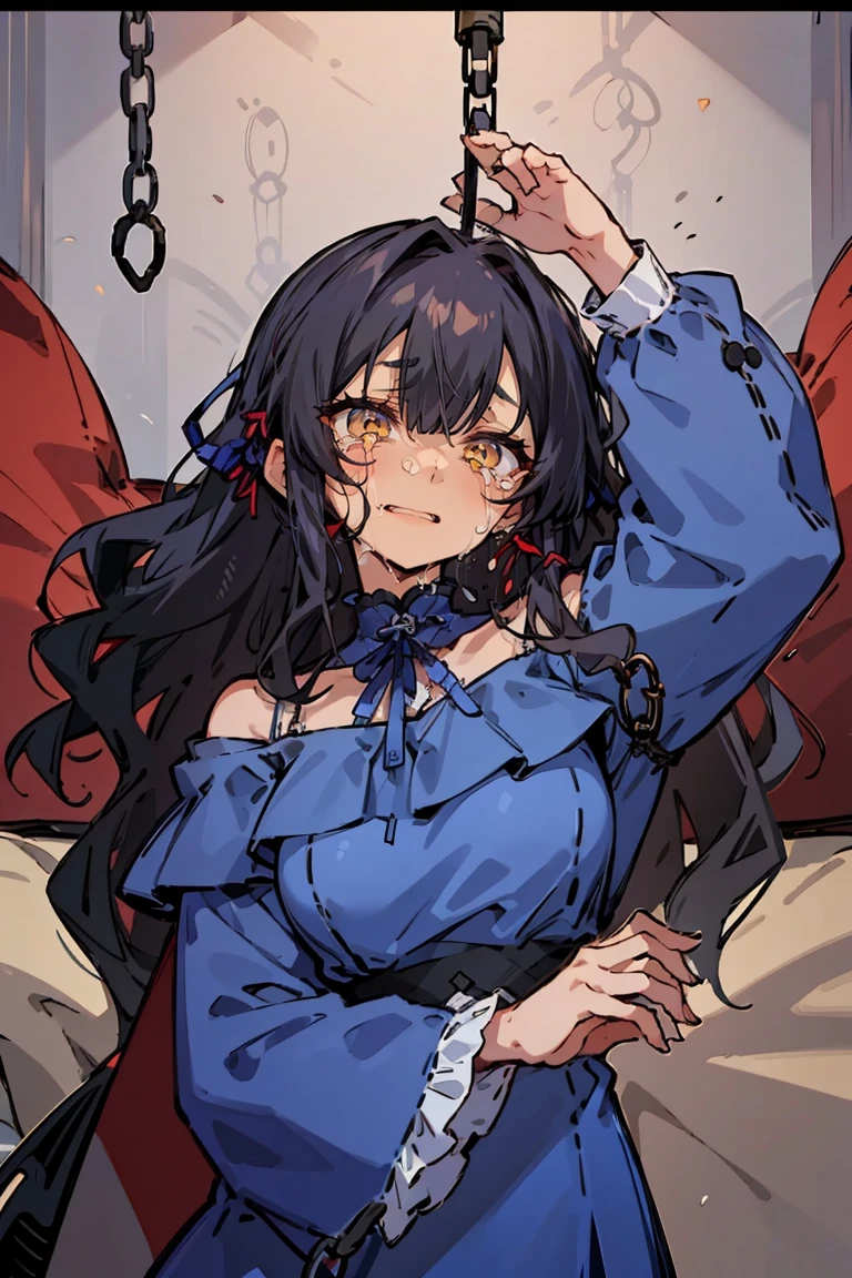 (masterpiece:1.2), (high quality:1.2), (hui xiyi:0.7)rekkyo sensen, rekkyou sensen, girls with((black hair, bangs, (one side up, long wavy hair:1.55), (arm up, perfect hands, perfect fingers, tied hands:1.43), exposed breasts, tits cleavage, breasts close up, dress((suspenders, dress:0.65), (belts:0.7), (blue clothes, frills shirt, white knit sweater, long sleeves, off-shoulder sleeves, silver handcuffs, chain, ribbon:1.2)), upper body)), background with((bedding, futon, blanket, jail, prison:1.45))