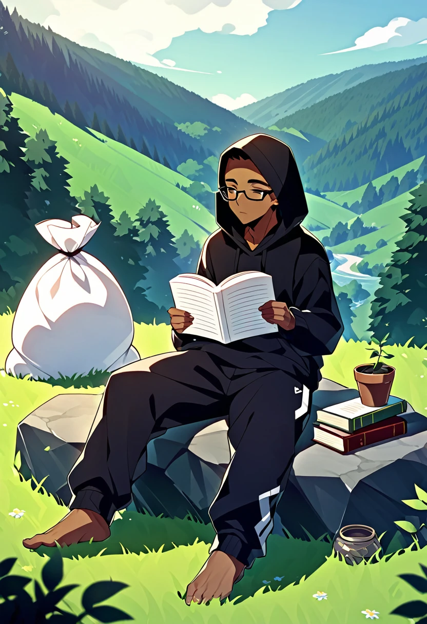 A thin young man with an average build and dark skin. His mouth is sewn shut, although his look indicate tranquility. He is sitting on a large rock, reading a book. His hair is black and short. He is wearing a black hoodie and black sweatpants, and wears black prescription glasses. Next to him is a huge sack full of potatoes, a sack that is sealed with a rope and has several bloodstains on it. The background is a peaceful, green hill.