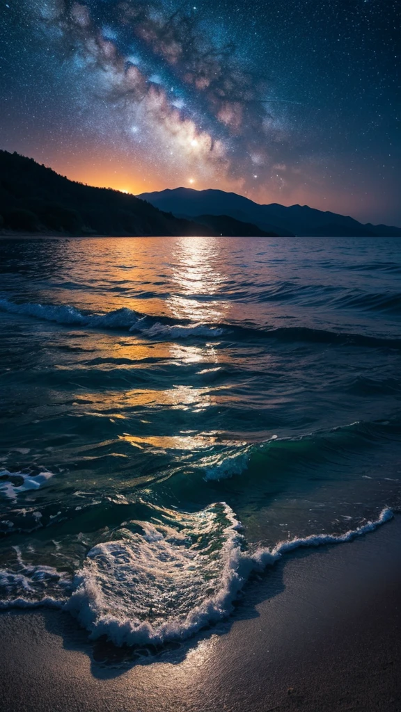 Bioluminescent stars shining in the sky, Pink half moon, Tsukoi Sky, Soft cotton cloud, Turkish sea waves, Shiny, Purple Water, milky way, Complementary lighting