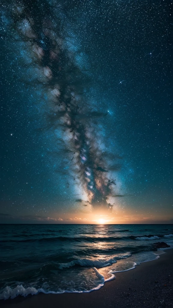 Bioluminescent stars shining in the sky, Pink half moon, Tsukoi Sky, Soft cotton cloud, Turkish sea waves, Shiny, Purple Water, milky way, Complementary lighting