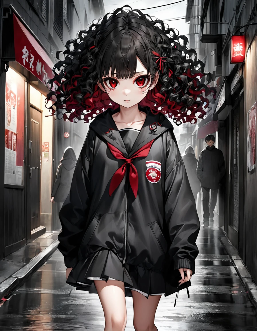 anime sarada curly hair dress V cuts walking in.ima dark street gloomy scared style photo realism, Fully detailed drawing in black and black and only the red eyes