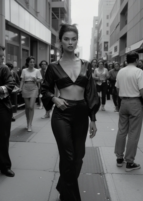 old 35mm photo, 1990s, a supermodel on a break backstage, monochrome, Old 35mm photograph of a woman on a street