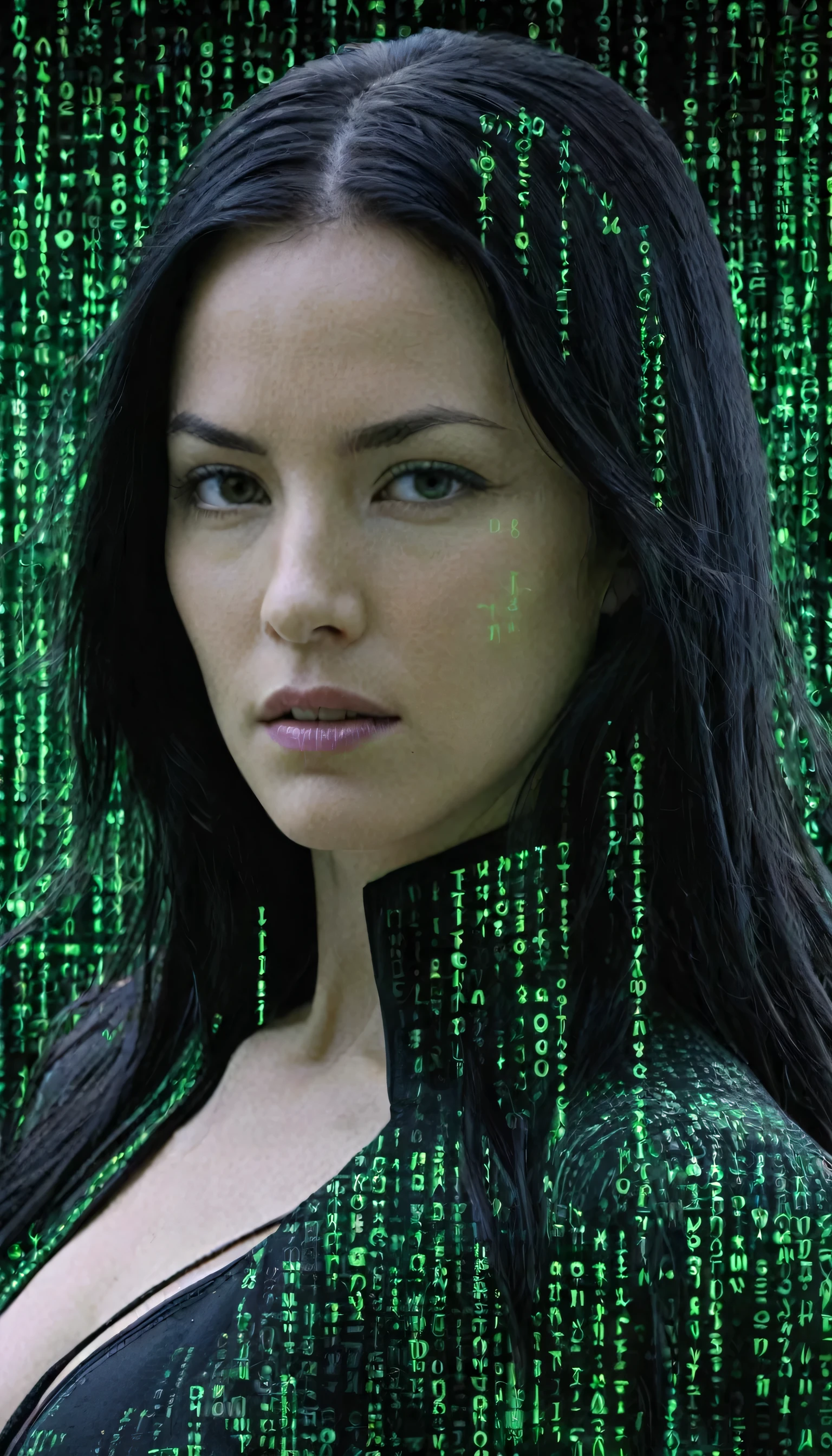 "Trinity's quest: Green matrix code flowing in the middle, purple and black background.", tritnity is white woman with black hair, that works secretly with Morpheus and neo.