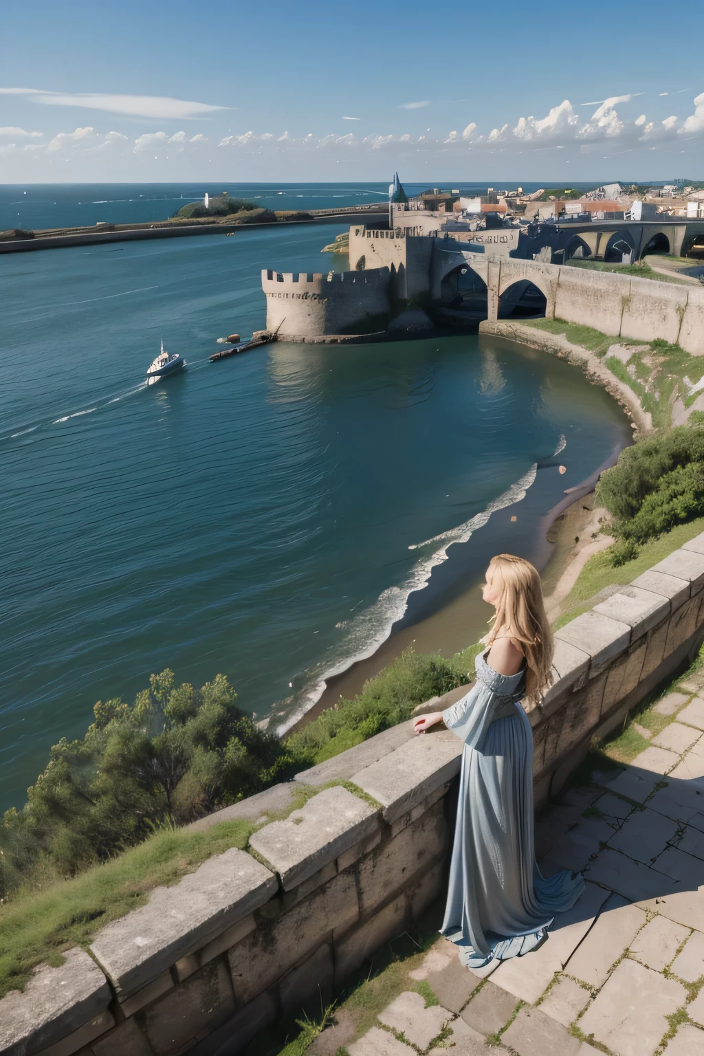 A fortified medieval city,silver walls,she isolated by a bridge over the sea