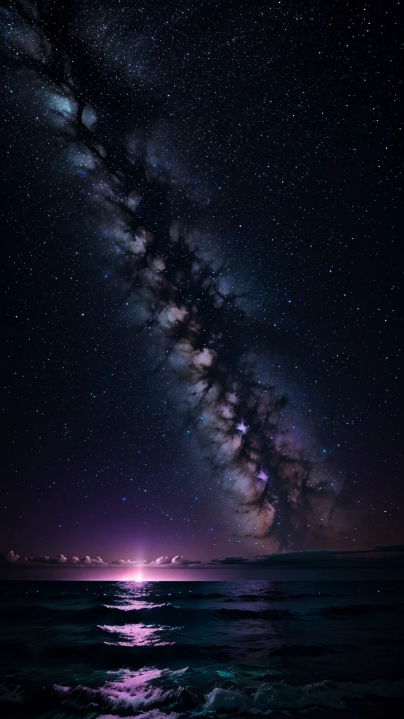 Bioluminescent stars shining in the sky, Pink half moon, Tukoi Sky, Soft cotton cloud, Turkish ocean waves, Shiny, Purple Water, Milky Way, Complementary lighting