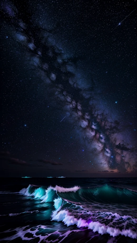 Bioluminescent stars shining in the sky, Pink half moon, Tukoi Sky, Soft cotton cloud, Turkish ocean waves, Shiny, Purple Water, Milky Way, Complementary lighting