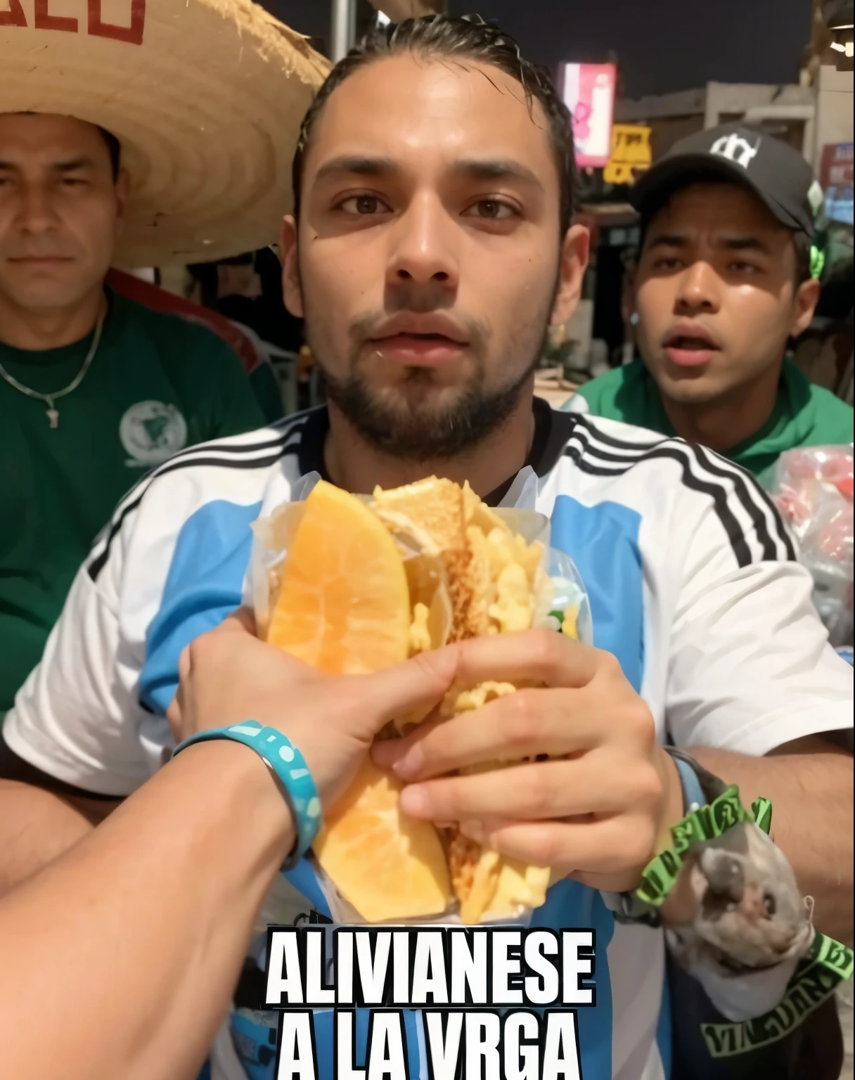 Ugly and very nosey dark-skinned man with an Argentinian shirt eating in a trash can full of rats