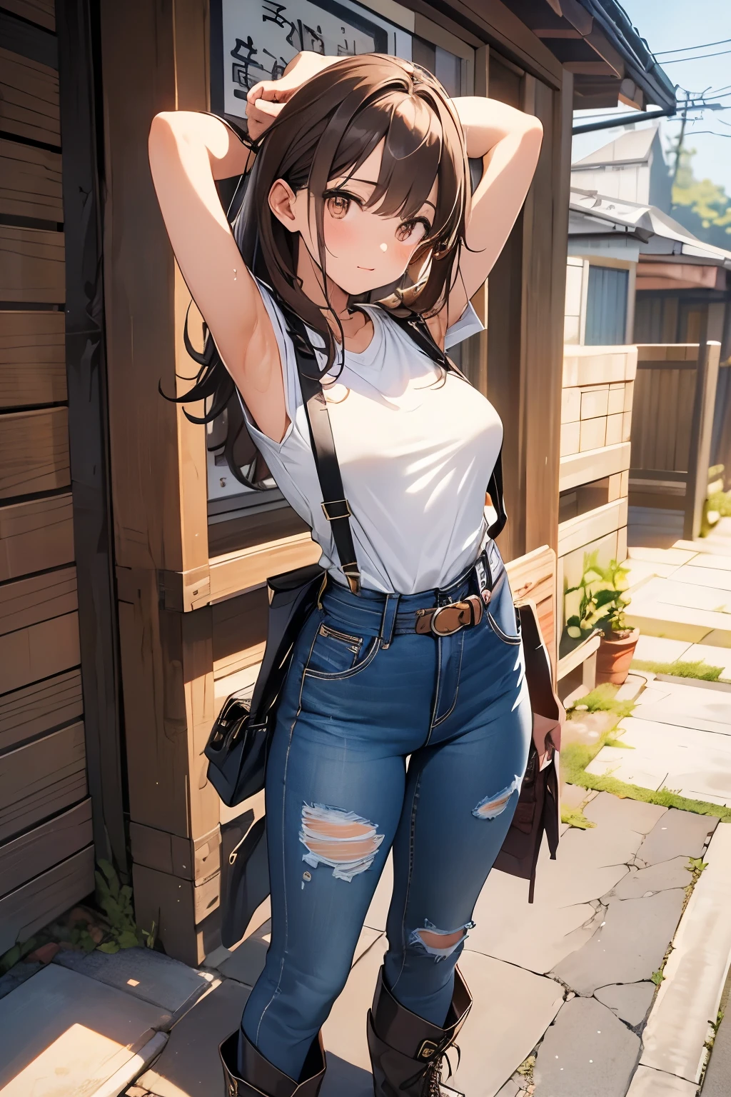 brown hair、looking at the viewer　　suspenders　　　Bulging big breasts　　 　 　　　　jeans　boots　　　　　Gaze　　　small face　bangs 　　　　　Beauty　　hands up　　 　Gaze 　黒いboots 　provocation　　armpit sweat　one person 　　put your hands behind your back　cutter shirt　　belt