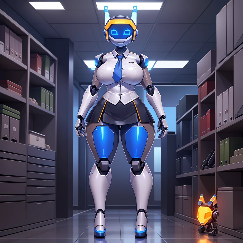 (masterpiece) (high Res), (((robot))), (Perfect face), (perfect anatomy), robot woman with a robotic head, in super tight clothes, (office suit), (mini skirt), shirt, tie, happy, ((glowing visor)), huge breast, narrow waist, wide hips, thick thighs, Brown skin, metal body, black high heels, ((((non humane robot Head)))), (robot girl), (robot Head))))